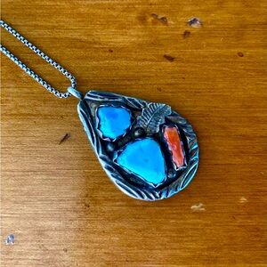 Native American Fabian Cheama sterling silver, turquoise, and red coral pendant